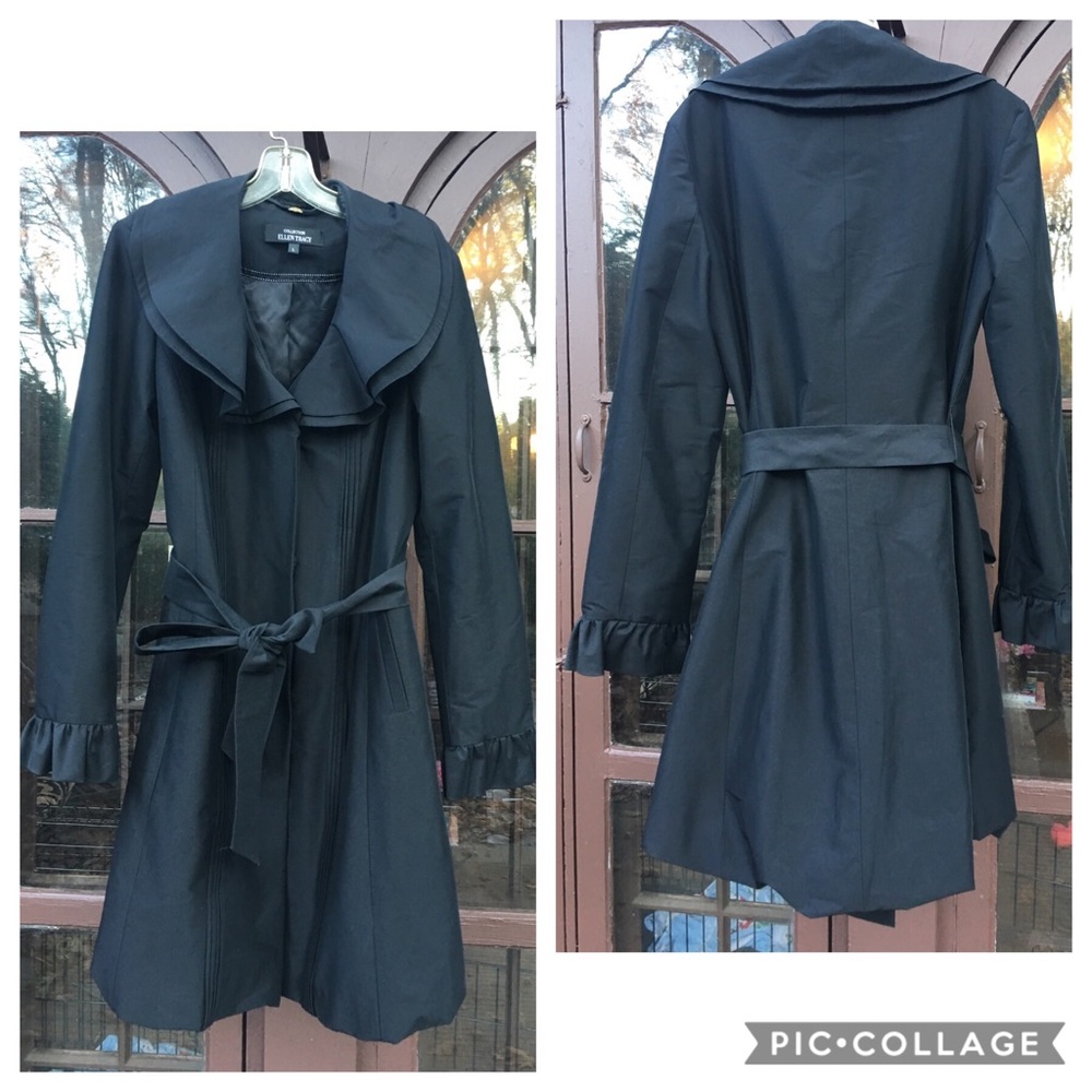 Ellen Tracy Black Nylon Ruffle Trench Raincoat L